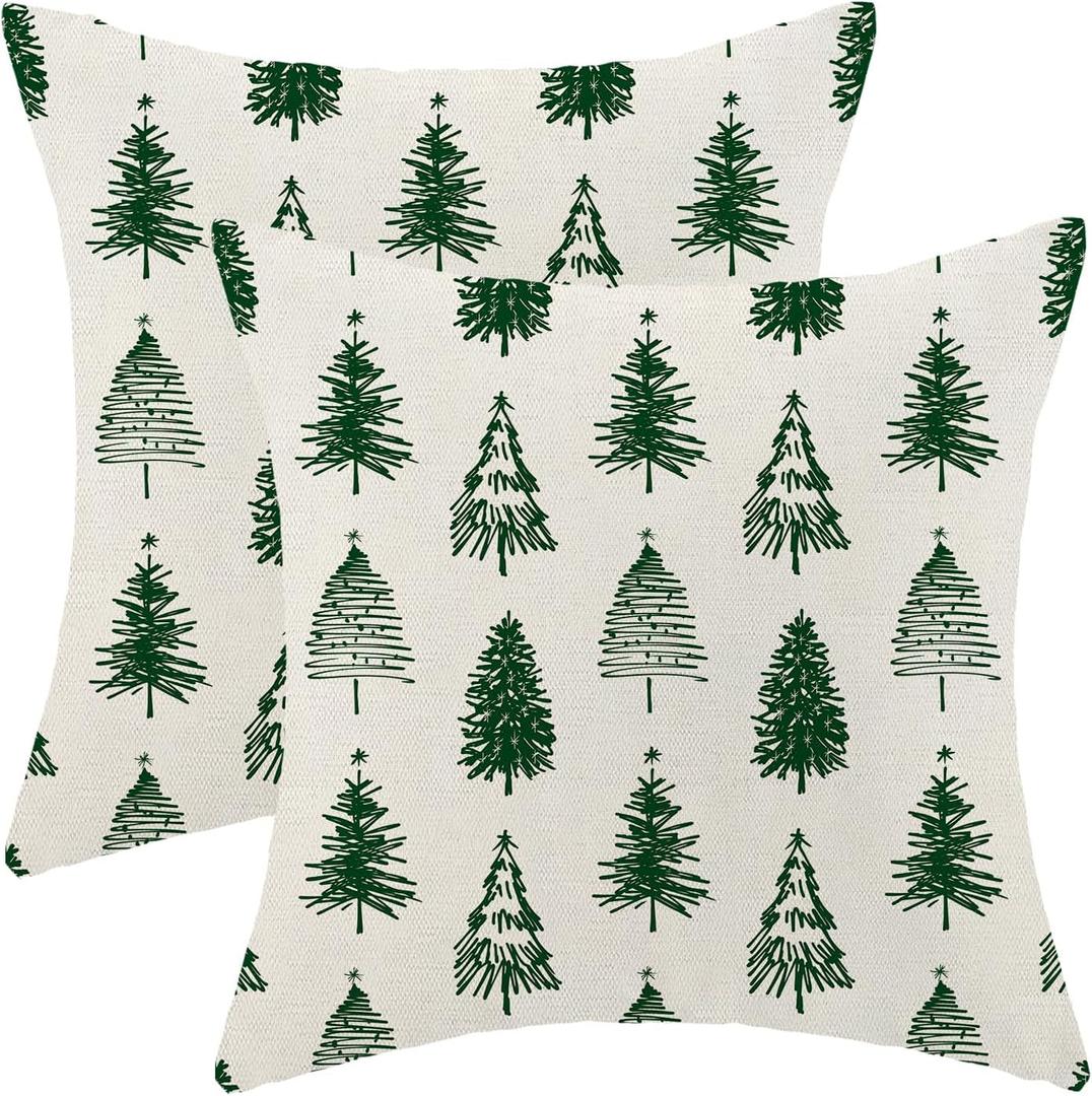 AEIOAE Christmas Pillow Covers 18x18 Inch Set of 2 Green Christmas Trees Throw Pillows Case,Holiday Outdoor Decorative Farmhouse Winter Decor Cushion Covers for Home Sofa Bed Couch