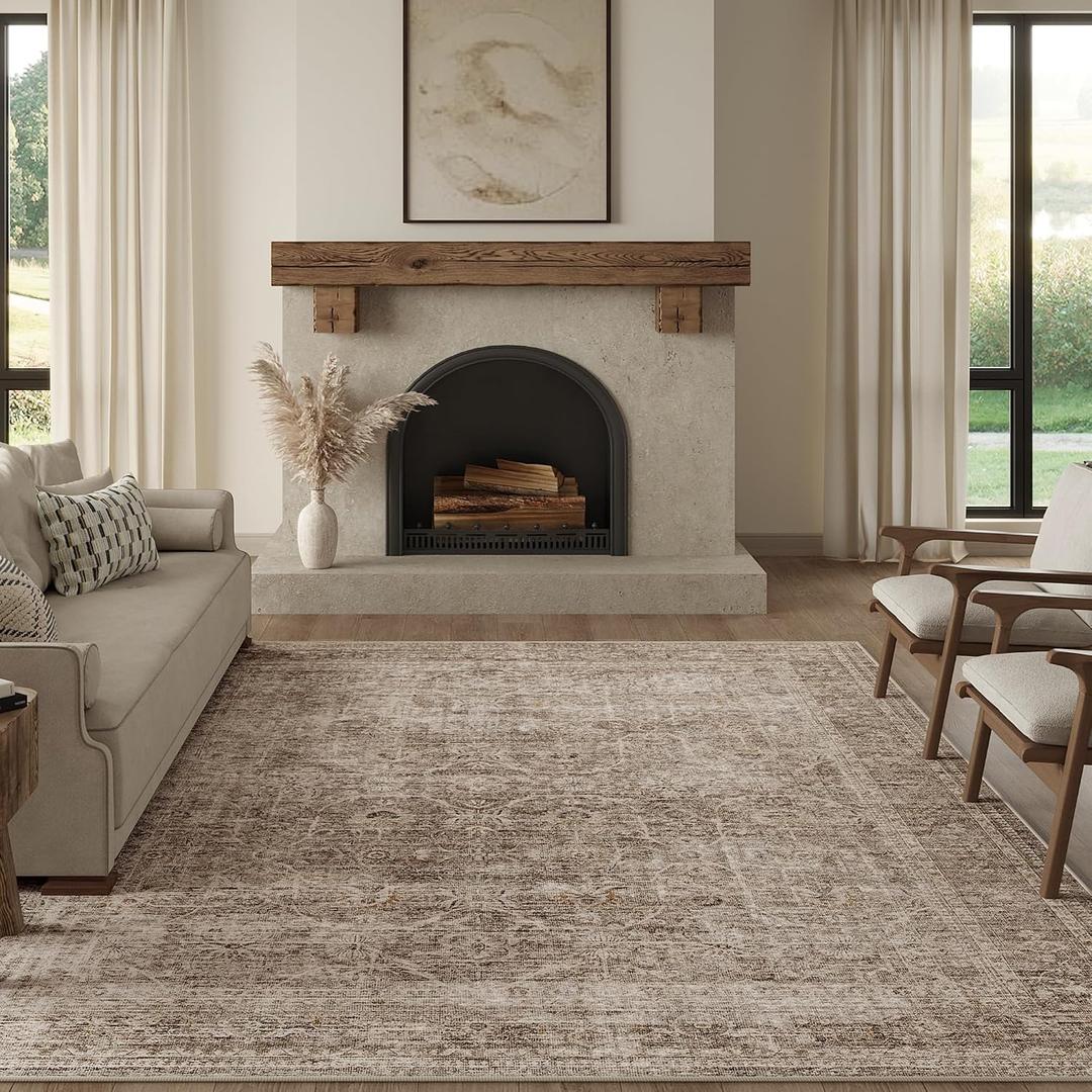 FMFUNCTEX 9x12 Washable Area Rug Vintage Neutral Distressed Large Taupe Non Slip Carpet for Living Room Bedroom Soft Low Pile Indoor Mat Retro Floral Throw Rug for Dining Room Kitchen Office Nursery