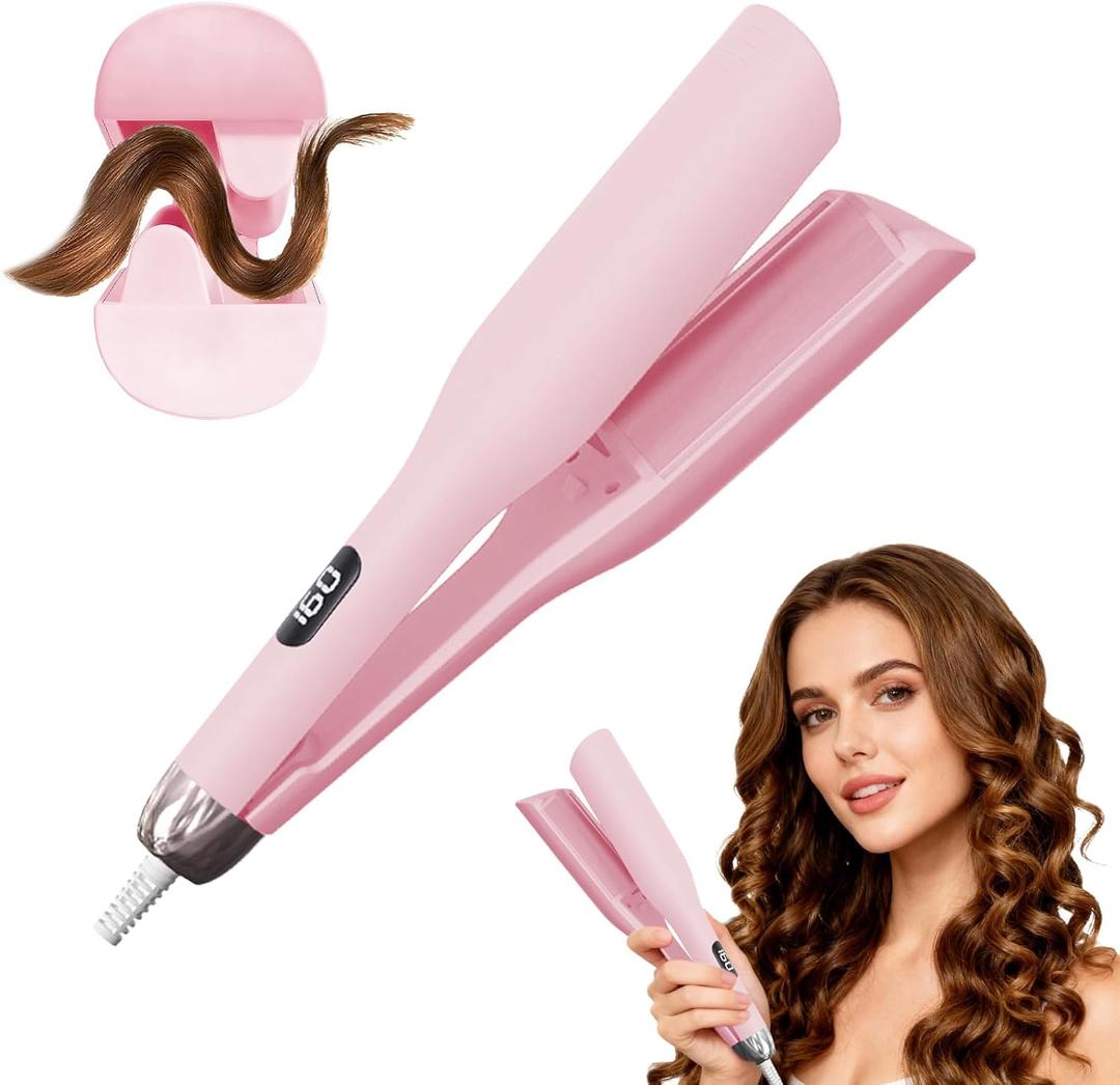 Hair Waver Hair Crimper for Women, Hair Crimper Tool Curling Iron Waver for Natural Waves and Soft Beach Hair Wave Curling Iron with 30S Fast Heating & PTC Heater 110-220V, Pink