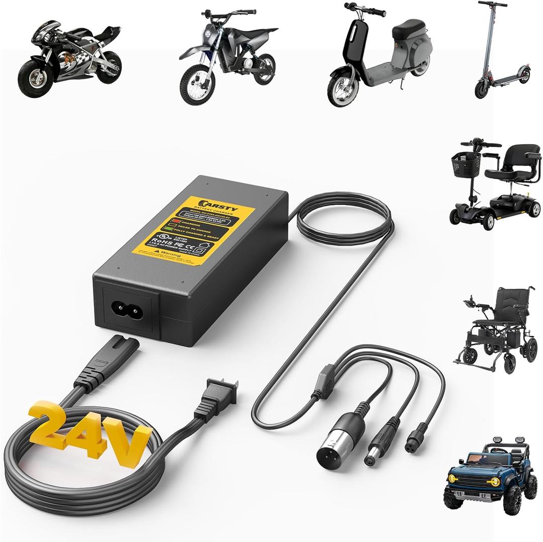 Carsty Hoverboard Charger, Electric Scooter Charger, Wheelchair Charger | Universal 3-in-1 Fast Charging Solution | 24V 2A