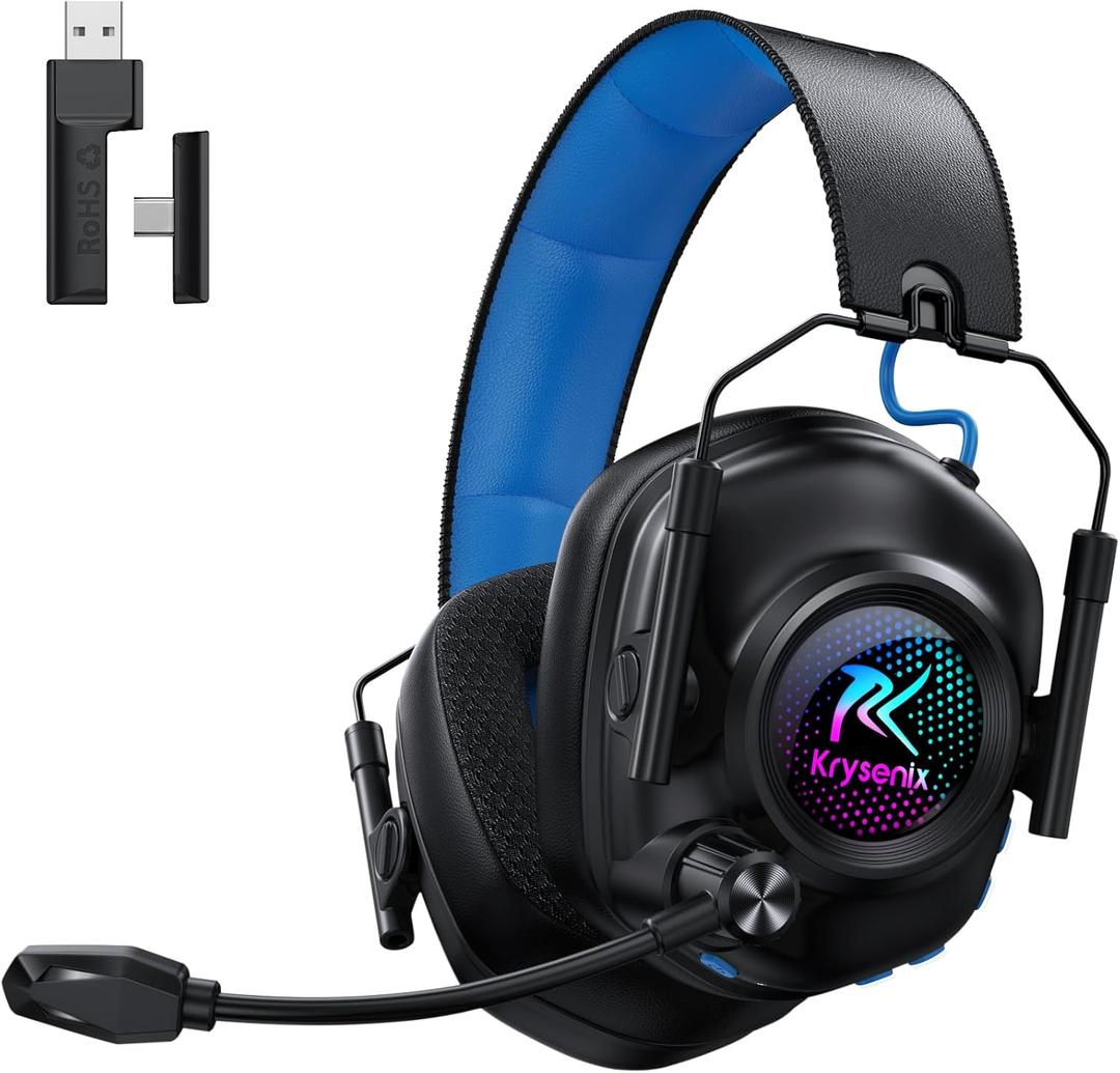 Krysenix Wireless Gaming Headset with Noise Canceling Microphone for PC, PS5, PS4, Switch, Mac, 2.4 GHz Wireless & Bluetooth 5.4 Gaming Headphones, Cool RGB Lighting, 50Hr Battery, 50mm Drivers (Blue)