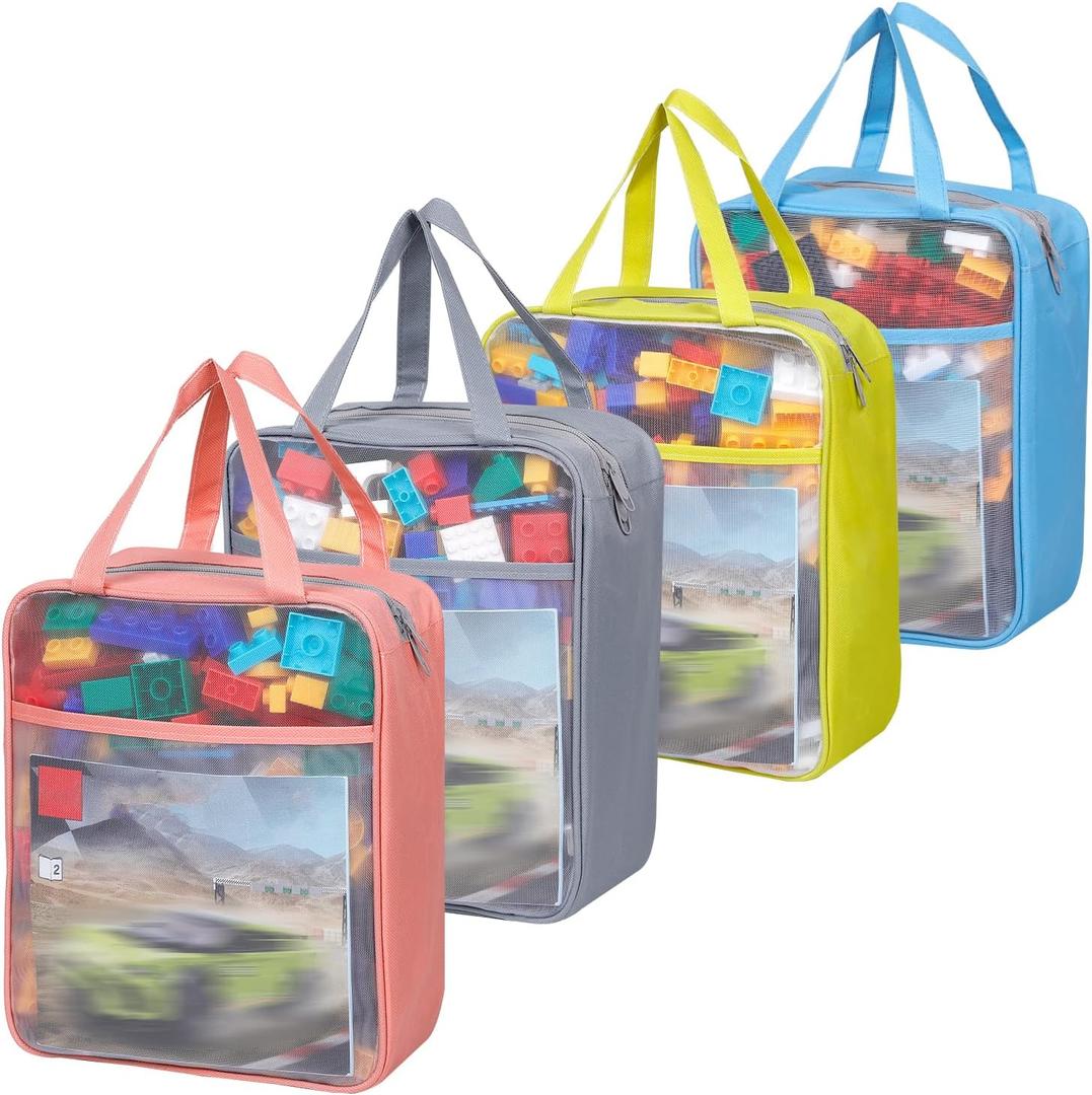 4 Pack Extra Large Mesh Toy Zipper Storage Bags(11.8 * 9.8 * 5.2in) Magnetic Tiles Block Sets Plush Toy Storage Organizer with Pockets, Travel Breathable See Through Colored Pouch with Handle