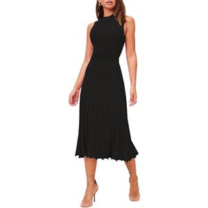 Pink Queen Women's Crew Neck Sleeveless High Waisted Bodycon Pleated Ribbed Swing Knit Midi Dresses (X-Large, Black)
