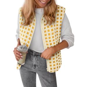 Womens Sherpa Vest Sleeveless Plaid Zip Up High Neck Warm Fleece Gilet Outerwear Crop Jackets with Pockets (X-Large, Yellow)