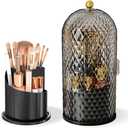 Makeup Brush Holder with Lid, 360 Rotating Multifunction Clear Dustproof Skincare Cosmetic Tools Storage Organizer for Vanity Desktop Bathroom Countertop (Black)