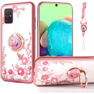 Phone Case with Ring Stand Strap Lanyard Cute Girls Women Soft Silicone Shockproof Protection Cover - Rose Butterfly ﻿