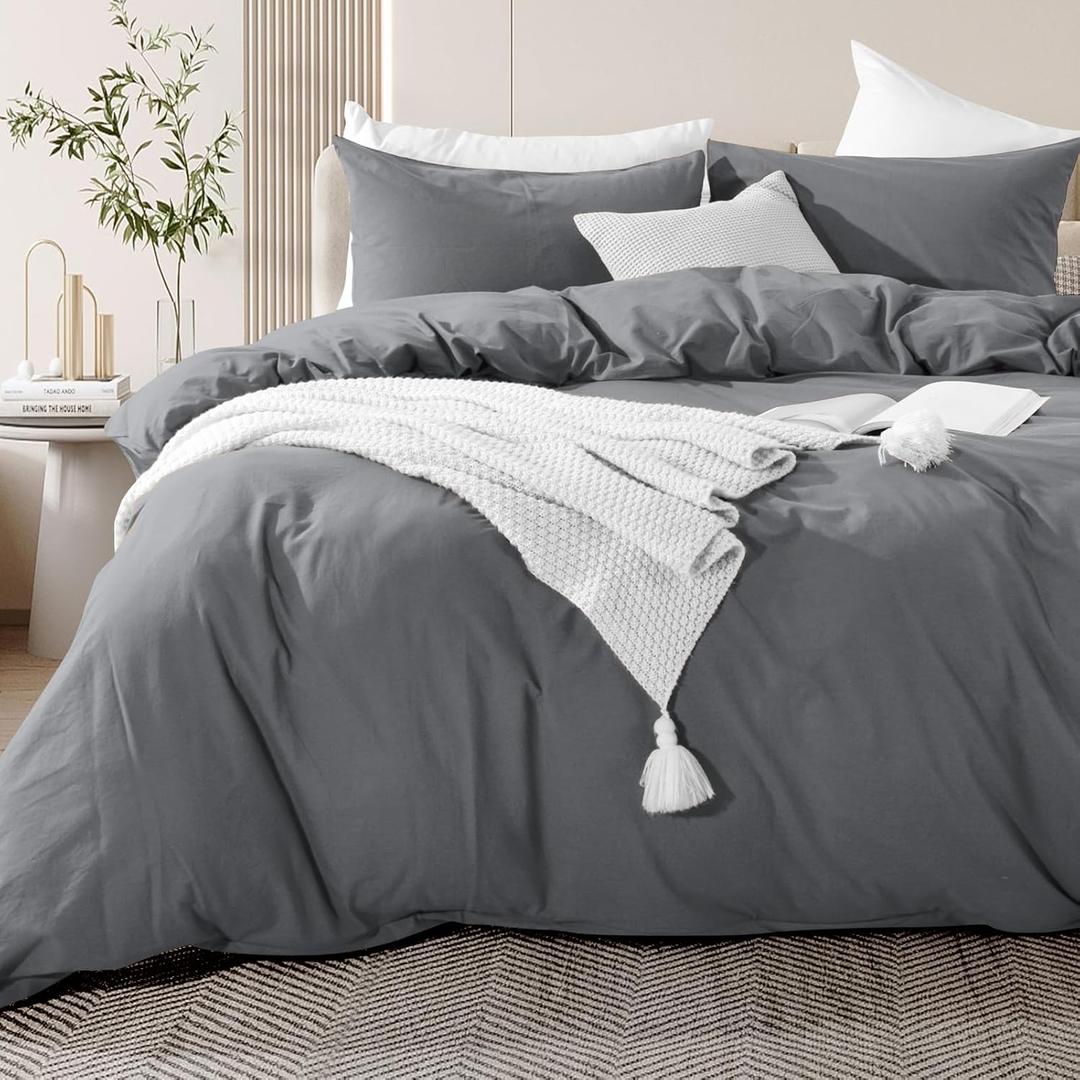 NEXHOME PRO Cotton Duvet Cover Queen Size Linen Look Textured Organic Natural 100% Washed Cotton Duvet Cover 3 Pieces Bedding Set with Zipper Closure, Breathable, Soft, Grey (No Comforter) (Queen (90"x90"))
