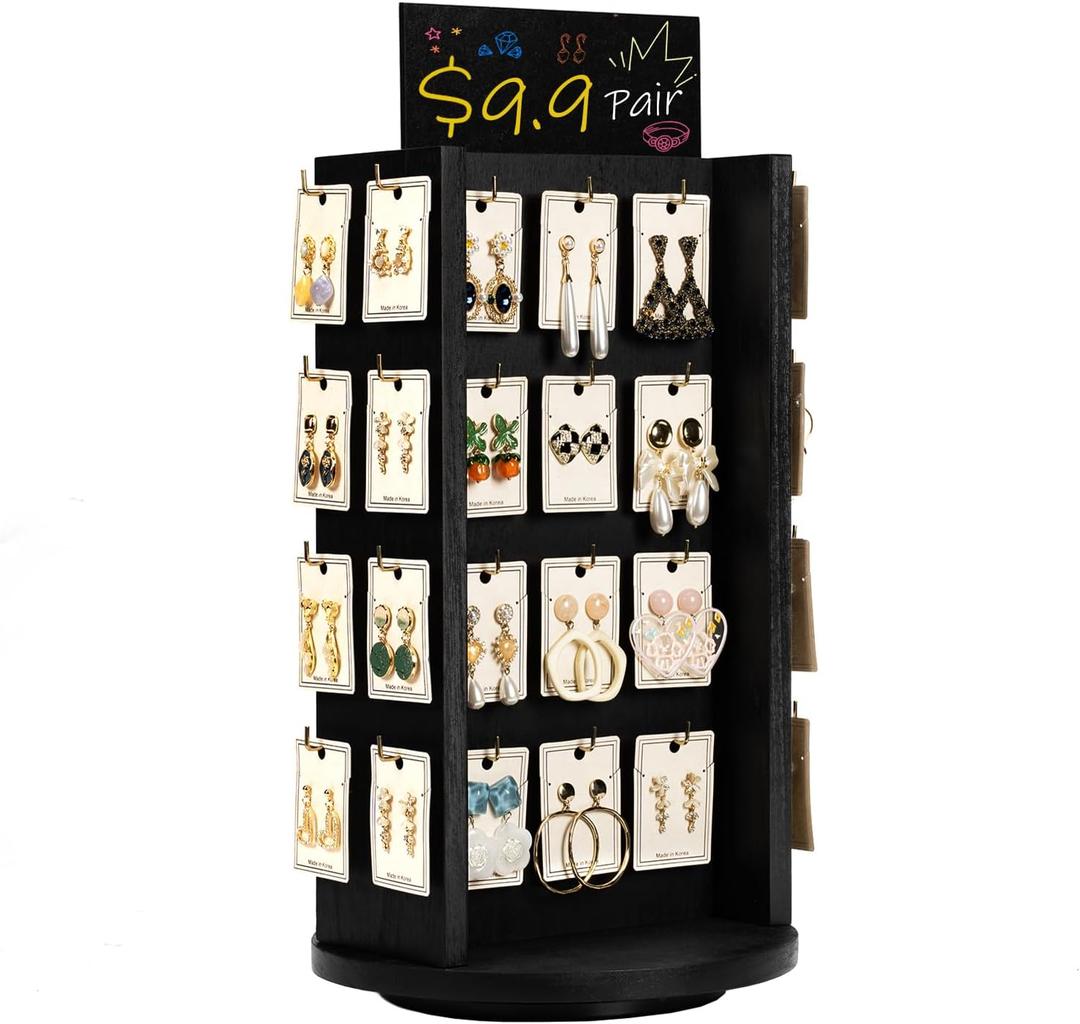 Pinzoveco Rotating Earring Display Stands for Selling with Adversitsing Board, Real Wood Jewelry Display Stand for Vendors, Large Capacity Earring Cards for Selling Rack Holder (Weathered Black)