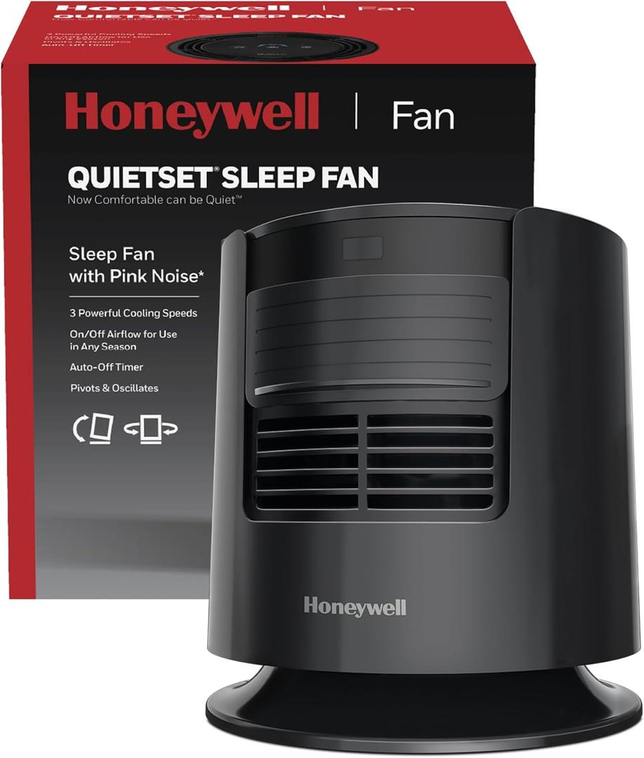 Honeywell QuietSet™ Personal Sleep Fan Noise Machine with Pink Noise, 3 Speeds, Adjustable Head, Nightstand and Bedside Fan, Black, HTF300B, Medium