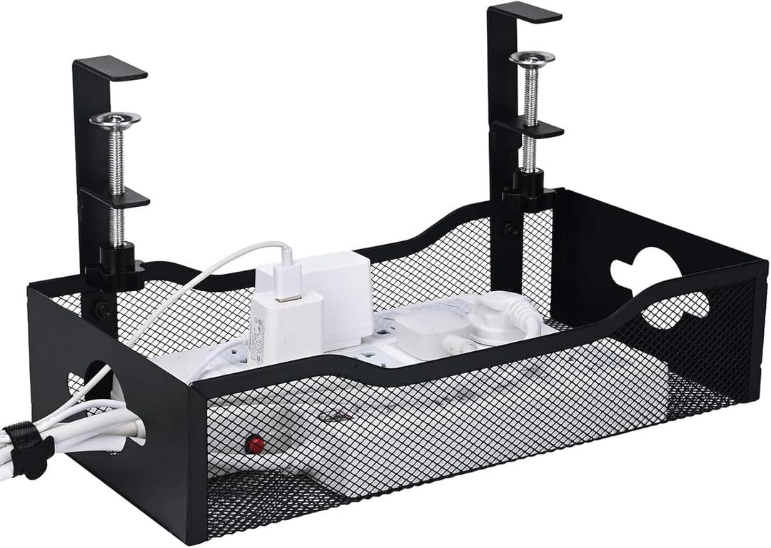 Large Under Desk Cable Management Tray - Heavy Duty Metal Cord Organizer with No Drill Installation for Office & Home Office Desks to Hide Wires & Power Strips (Black, XL)