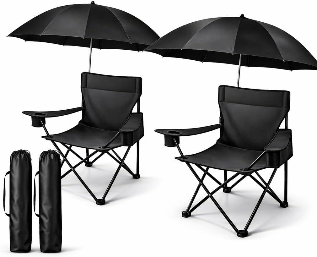 2 Pack Portable Folding Camping Chairs with Adjustable Umbrella, Outdoor Canopy Chairs with Cup Holder, Lightweight Beach Chairs for Fishing, Sports Events & Lawn (Black)