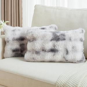 FUTEI Pack of 2 Faux Fur Throw Pillow Covers 12x20 Inch Soft Raised Textured Decorative Pillowcase Modern Farmhouse Accent for Couch Bed Living Room, Grey White