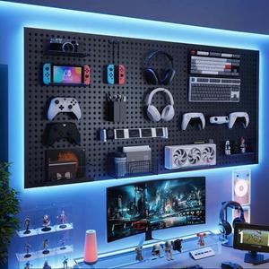 RGB Gaming Wall Organizer Peg Board with RGB LED Strip Lights, 4PCS Metal Gamer Wall Decor Peg Board with 20 Peg Hooks, DIY Gaming Setup Organizer PegBoard Gaming Wall Accessories 12 * 24