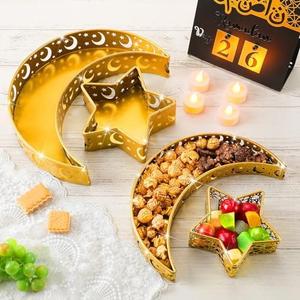 Seeloowy 4 Pcs Eid Mubarak Trays Decor Ramadan Moon Serving Trays Star Islam Muslim Food Serving Tray Iron Tray Decorations for Ramadan Islam Party Dessert Pastry Display Holder Decoration