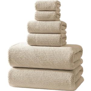 REDKISS 6-Piece Bath Towel Set - 2 Washcloths, 2 Hand Towels, 2 Bath Towels | Ultra-Fiber Coral Fleece, Super Absorbent, No Lint & No Fading | Perfect for Bathroom, Spa, Gym | Family & Adults-Camel