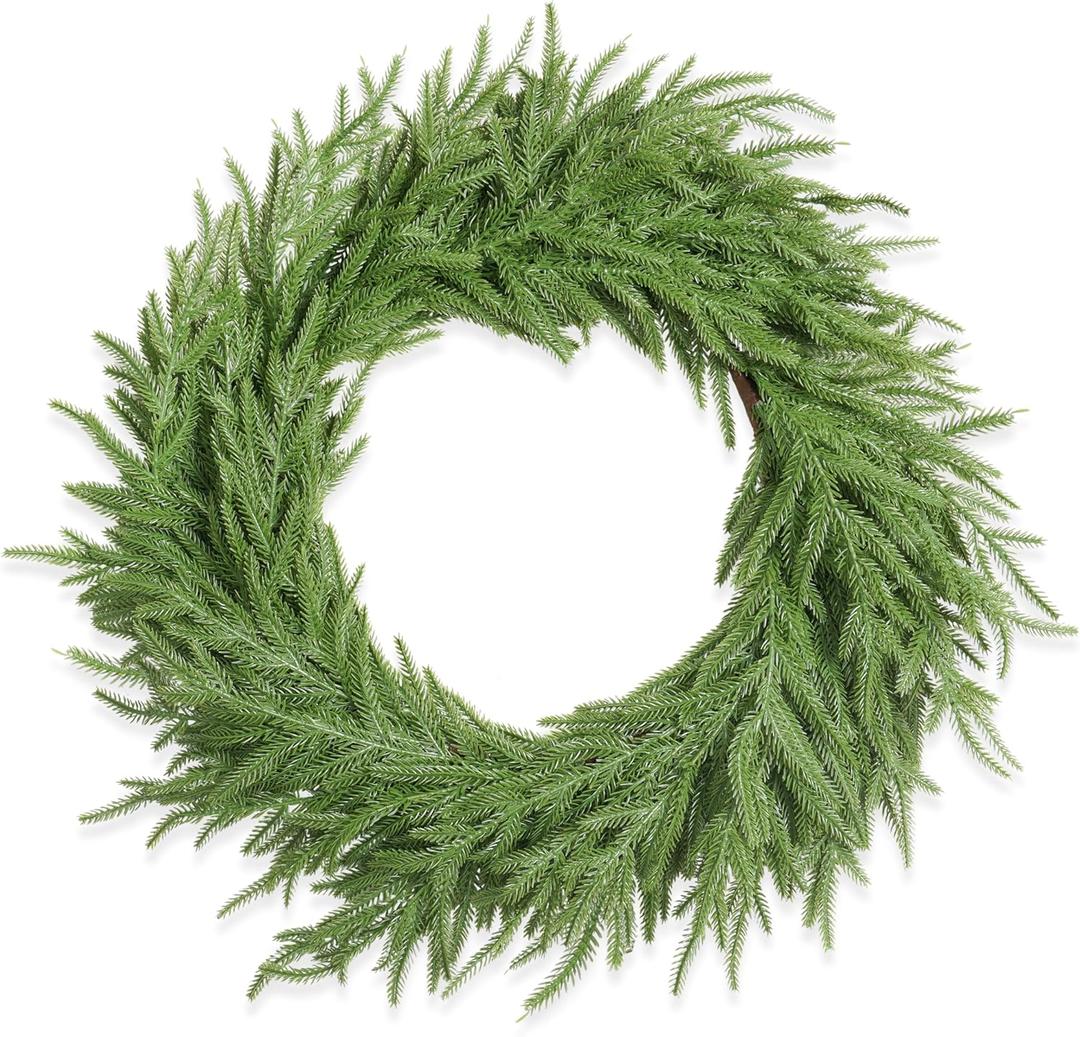 XmasExp Norfolk Pine Wreath 15INCH Real Touch Artificial Evergreen Realistic Faux Plain Christmas Wreath for Front Door,Mantles,Windows