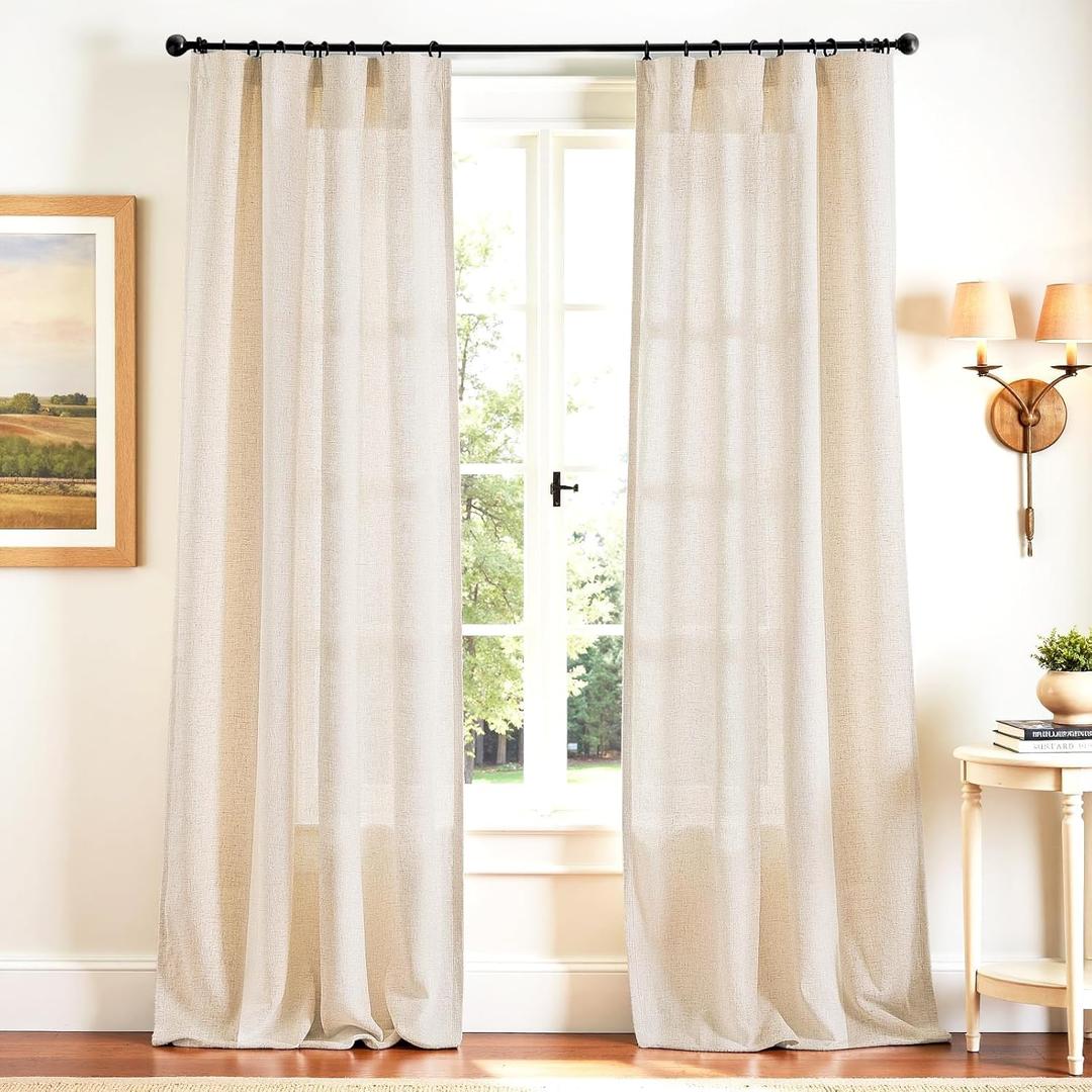 jinchan Beige Linen Blend Curtains 96 Inches Length 2 Panels Floor to Ceiling Curtains for Bedroom Living Room, Semi Sheer 50 Inches Wide Natural Farmhouse Drapes Rod Pocket Back Tab (50W x 96L, Ecru)