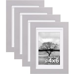 Egofine 4x6 Picture Frames Set of 4, Made of Solid Wood Covered by Plexiglass 3x4.5 and 3.5x5 with Mat or 4x6 without Mat, for Table Top Display and Wall Mounting Photo Frame, Light Grey