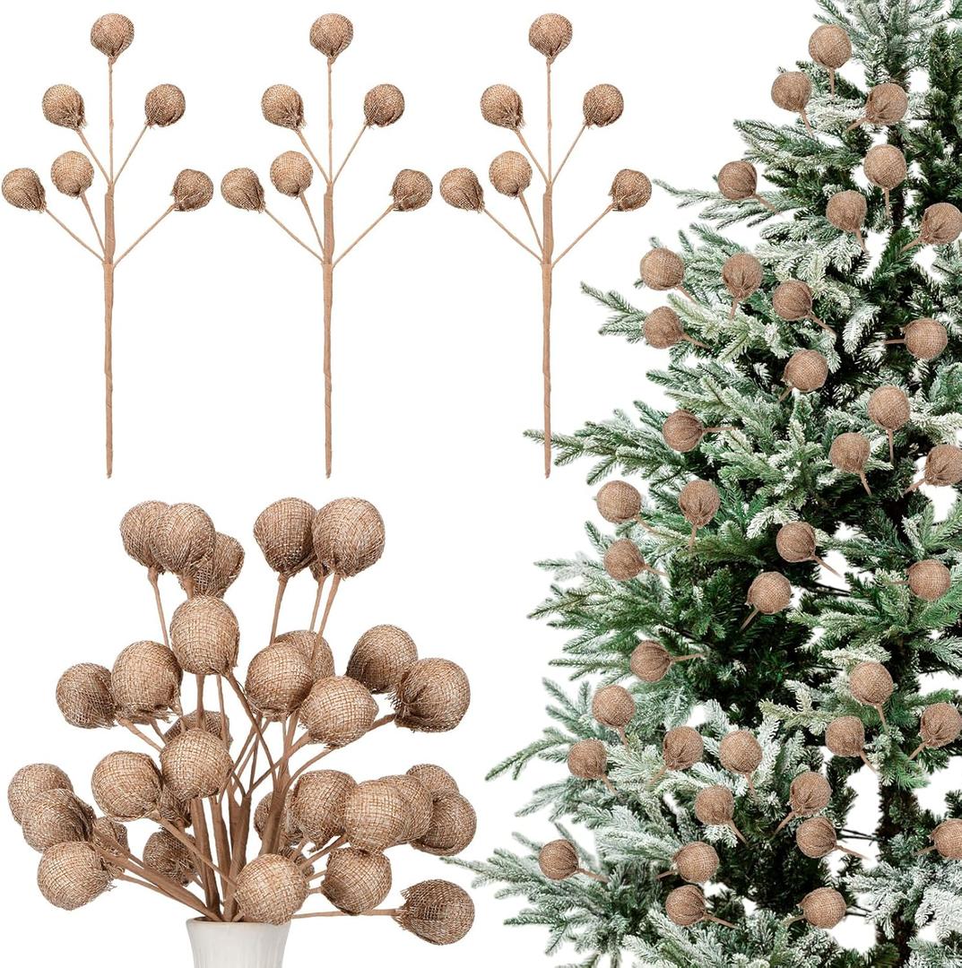 Tigeen 6 Pcs Burlap Spheres Ball Pick Farmhouse Christmas Tree Decoration Rustic Christmas Tree Ornaments Topper DIY Crafts Xmas Branches Hanging Decoration for Home Office Family Holiday Party Decor