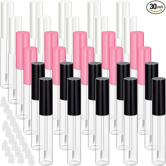 Blulu 30 Pcs 10 ml Lip Gloss Tubes Bulk Empty Refillable Lip Balm Bottle Clear Plastic Gloss Container Reusable Lipstick Bottle with Rubber Insert for Women DIY Lipgloss Cosmetics(Pink, Black, White)