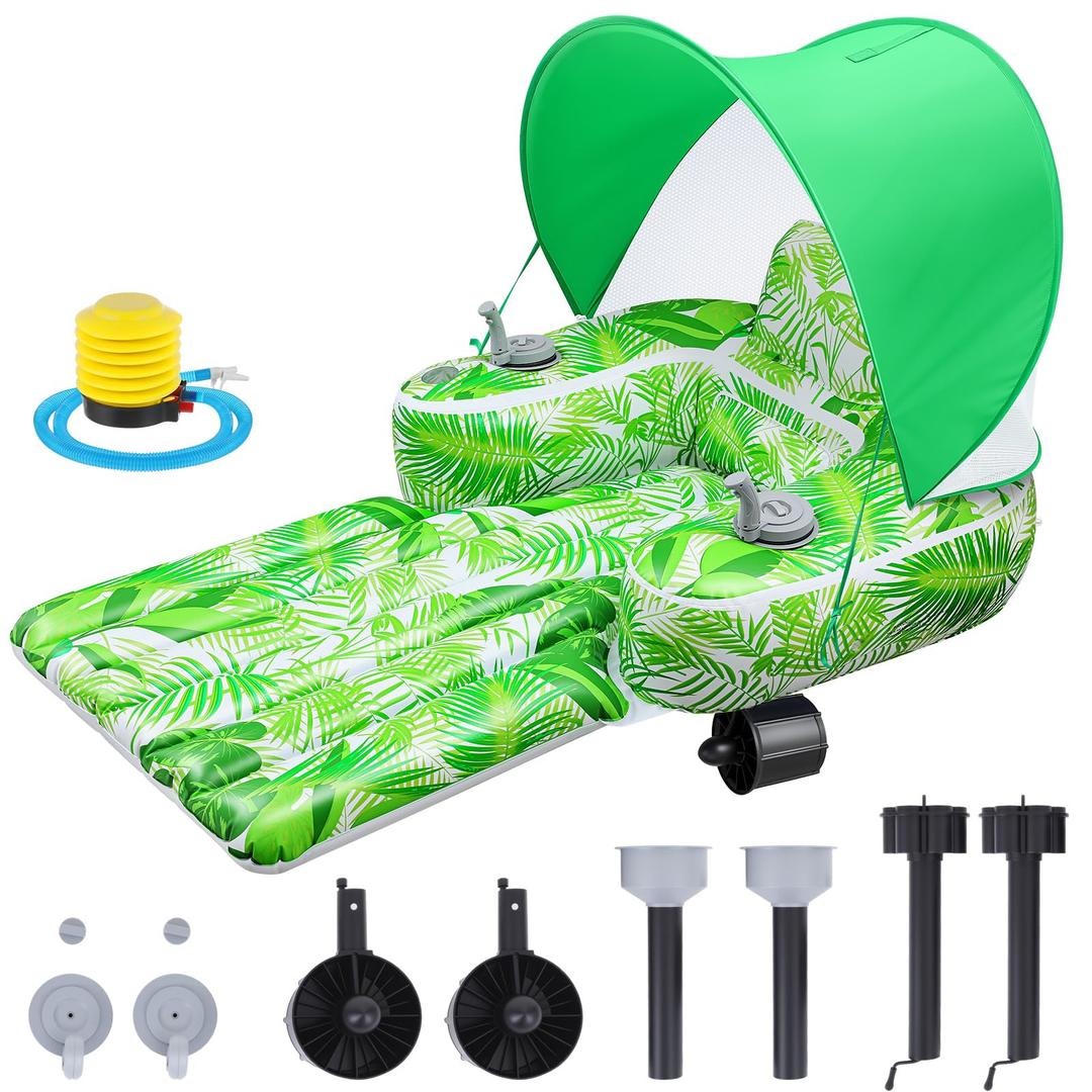 ShinyRelief Motorized Pool Float for Adults with Canopy, Inflatable Pool Lounger with Dual Motors, Cup Holders, Foot Pump, Raft Holds up to 220lb, Electric Floaty for Lake Summer Water(Green)