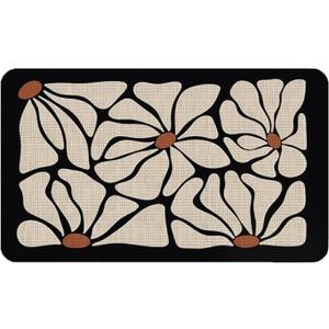 Boho Beige and Black Floral Door Mat - Bohemian Neutral Floral Front Door Welcome Mats Outdoor Entrance, 17x30 Rug
