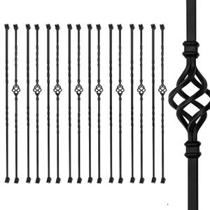 16 Pack Wrought Iron Stair Balusters 44" Hollow Single Basket & Double Twist Design, 1/2" Square Black Metal Spindles with 32 Swivel Shoes for Indoor/Outdoor Staircase Remodel