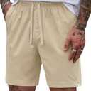 Herberton Men Casual Shorts Cotton 6'' Inseam Elastic Waist Drawstring Daily Shorts with Pockets, Beige, XL