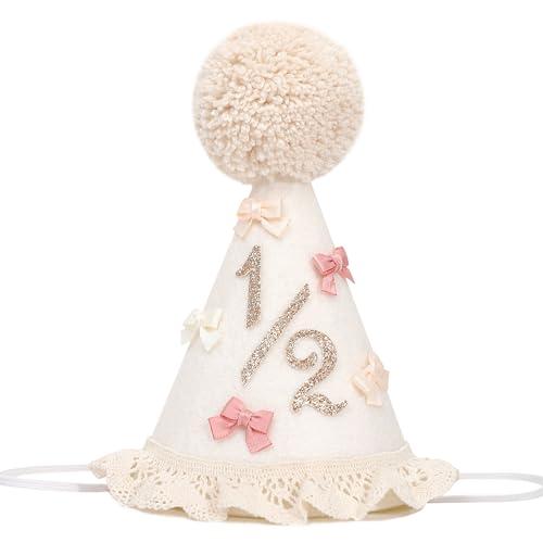 BASCT Bow Half Birthday Hat for Girls – Boho 1/2 Birthday Crown, Baby Girl Pink Party Hat, Half Way to One Bday Decorations, Cake Smash Outfit