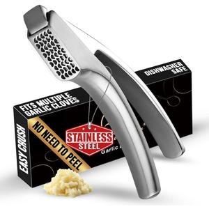 No Peeling Required Garlic Press Stainless Steel with Detachable Handle for Coarse Mincing - Premium Garlic Mincer Tool, Rust-Proof, Easy to Clean, Dishwasher Safe Garlic Crusher, Lifetime Replacement