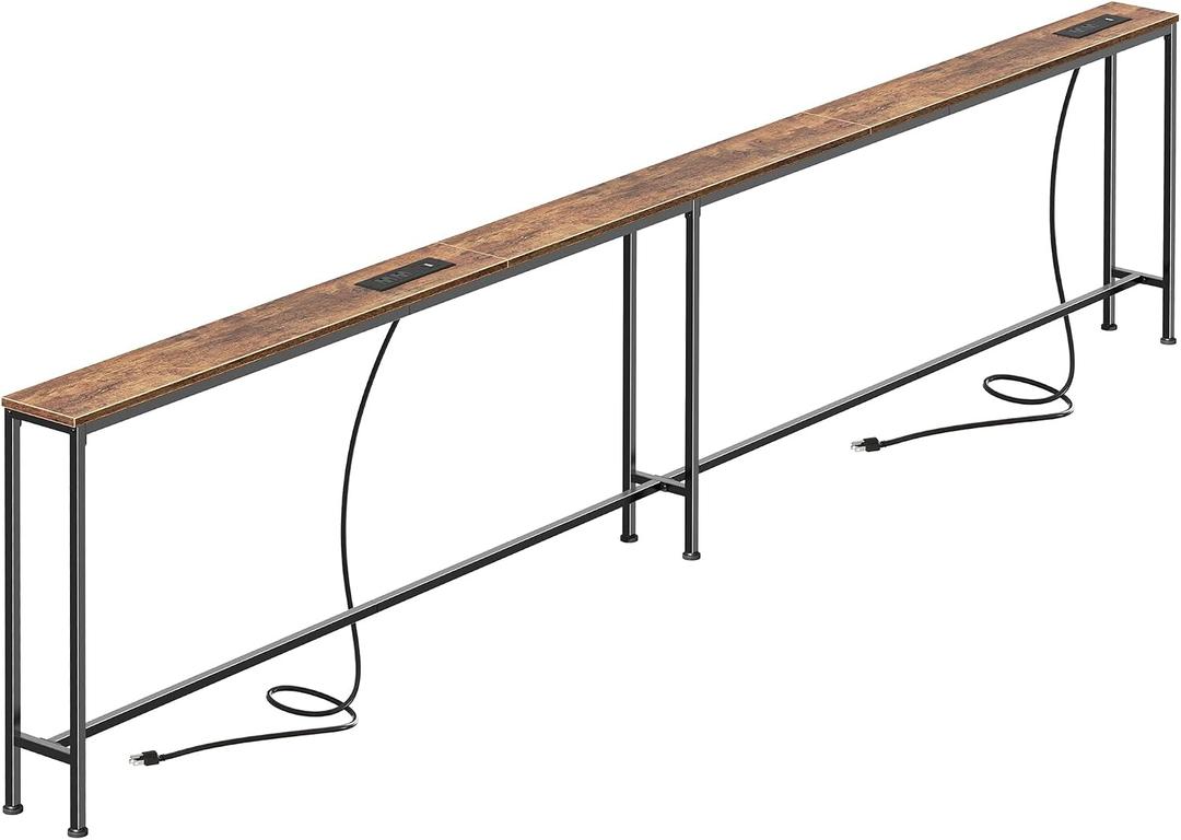 SUPERJARE 118.1 Inch Sofa Table with 2 Power Outlets and USB-C Port, 5.9 Inch Narrow Console Table with Storage, Extra-Long, for Entryway Hallway Couch Behind Sofa, Small Spaces, Rustic Brown, 5.9"D x 118.1"W x 29.7"H