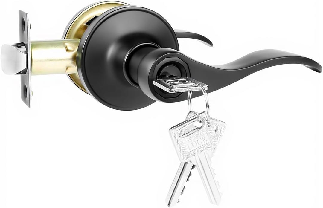 DPB 1Pcs Wave Interior Door Handle with Turn Lock, Matte Black Passage Door Lock, Heavy Bedroom and Bath Door Knobs for Right & Left Sided Doors (Lock and Key, Black, 1Pcs)
