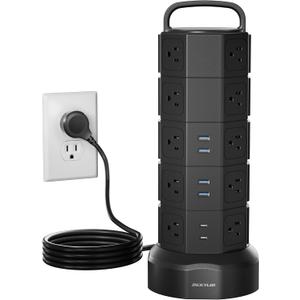 Power Strip Tower, 20 AC Outlets 6 USB Ports(2 USB C), 1050J Surge Protector, 13A Desktop Charging Station, 6.5ft Heavy Duty Extension Cord with Multiple Outlets for Home Office Garage, Black