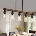 Dining Room Chandelier Over Table, 5-Light Farmhouse Kitchen Island Lighting, Matte Black Rustic Wood Chandelier with Clear Glass Shade, Ceiling Pendant Light Fixture for Kitchen