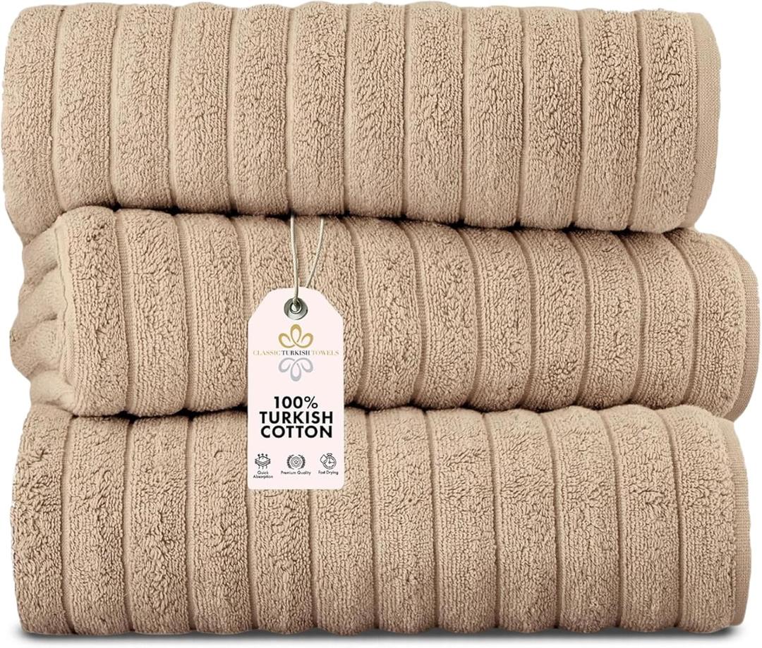 Classic Turkish Towels CTT - Luxury 3 Piece Jumbo Bath Sheets, 100% Turkish Cotton, Absorbent & Ultra Comfy Bath Towel Sheets for Hotels & Spa | 40"x65" (Almond Beige)