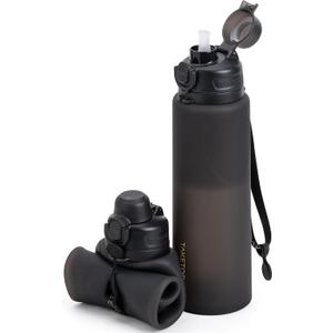 Collapsible Water Bottles 32oz, Foldable Travel Water Bottle, BPA Free, Silicone Water Bottle Leakproof for Hiking, International Travel, Outdoors (Black)