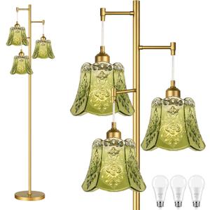 Gold Floor Lamp for Living Room,Bedroom,Tree 3 Light Standing Lamp Mid Century Modern Brass Tall Floor Lamps Vintage Retro Floor Lights Glass Green Flower Lamp Shade Farmhouse Boho Bohemian