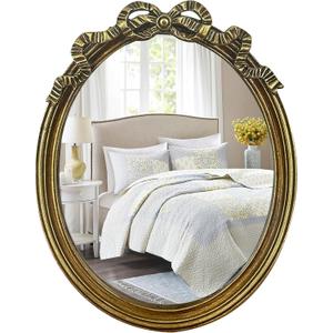 Vintage Oval Wall Mirror & Tabletop Vanity Mirror - Antique Gold Frame with Decorative Bow Design, Retro Traditional Chic Makeup Desk Decor - 12.6" x 9.85"
