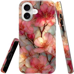 Compatible with iPhone 17 Case,Glossy Case All-Round Protection Shockproof Anti-Scratches TPU Cover,Cases for Man Woman-Blossoms Pink Flower Stained Glass