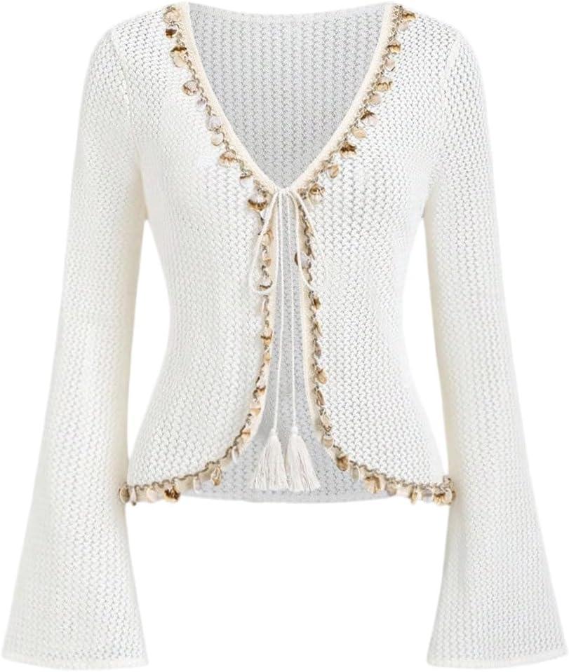 SweatyRocks Women's Boho Lace Up Bell Sleeve Sweater Cardigans V Neck Sweater Knitted Tops, Large