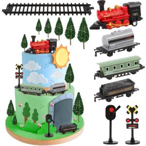 Hooqict 12Pcs Train Cake Topper Birthday Party Decorations Train Cake Decorations Set with Mini Railroad Track, Traffic Light, Railroad Crossing Sign Cake Toppers for Kids Boys Birthday Party Supplies
