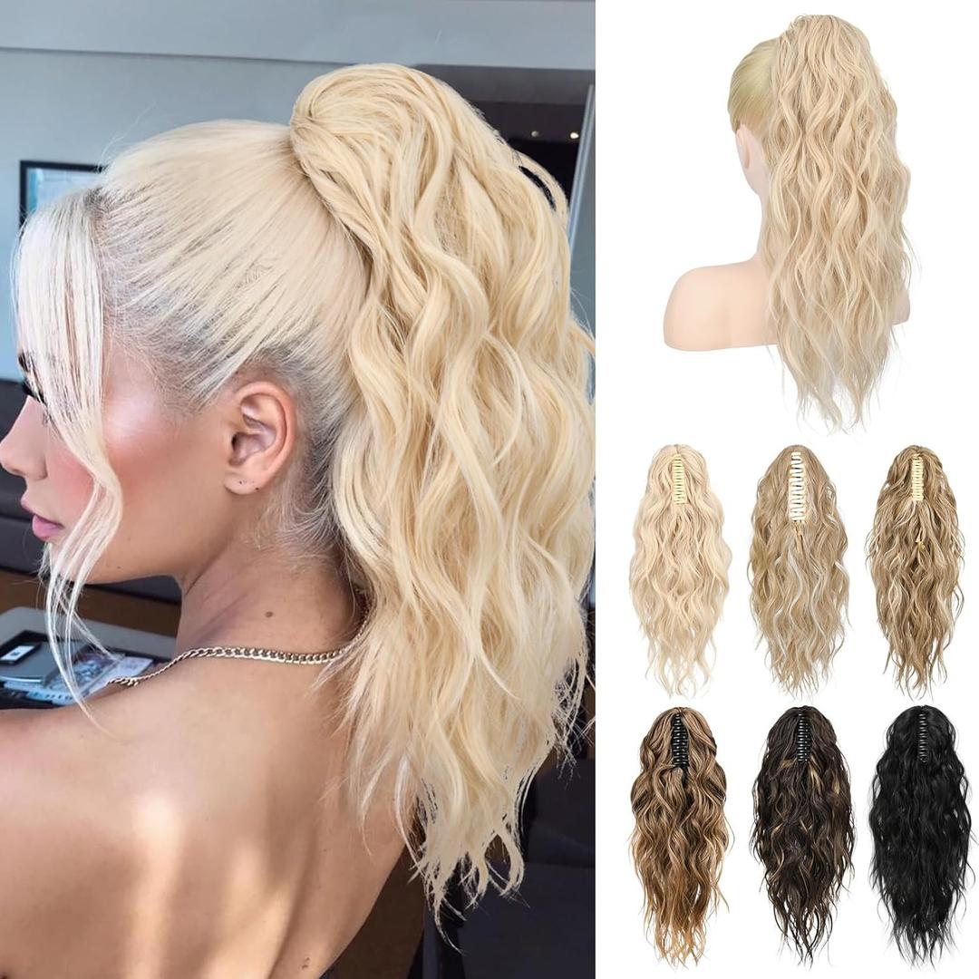 LONAI Ponytail Extension, 18" Blonde Wavy Claw Clip Ponytail Extensions ZJ001 Shoulder Length Curly Wavy Claw Clip in Ponytail Hair Extensions Synthetic Fake Pony Tails Hairpieces-Platinum Blonde