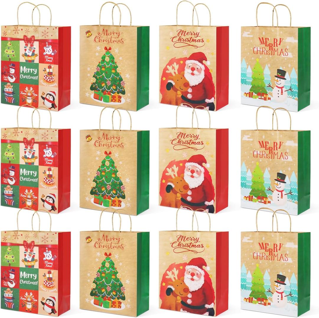 PARSUP 12PCS Medium Christmas Kraft Gift Bags Assorted Styles Bags Xmas Small Paper Bags with Handles Goodie Bags with Christmas Prints for Xmas Gift Wrapping Party Supplies