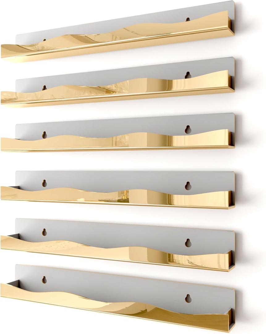 YMVV Wall-Mounted Nail Polish Organizer Rack - 15-Inch Gold Mirror Finish Nail Polish Shelf, Makeup & Beauty Essentials Storage - Multi-Purpose Display Holder for Small Space, Vanity Bathroom, 6 Pack