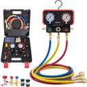 HVAC Manifold Gauge Set for R22/R410a/R134a Refrigerant, 3 Way AC Refrigerant Gauges Set with R22 R410a Safety Valves, 5FT Hoses, R134a Adapters, Can Tap, Upgrade Red