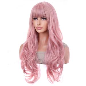BERON Pink Wig Long Wavy Wig with Bangs Synthetic Wigs Long Pink Wigs for Daily Party with Hairnet