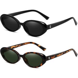 Retro Oval Sunglasses for Women Men Fashion Small Oval Sunglasses 90s Vintage Shades (2 Pack (A1 Black/Grey+ Leopard/G15))