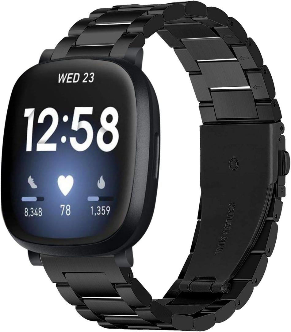 Stainless Steel Band Compatible with Fitbit Versa 4 / Fitbit Sense 2 / Fitbit Versa 3 / Fitbit Sense, Adjustable Metal Watch Bands BraceletsWristband Replacement for Women Men (Black)