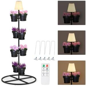 FUYO Metal Outdoor Floor Lamps, Solar Floor Lamp with Flower Shelves, Modern Outdoor Water-Resistant Standing Lamp with 8 Flower Pots, Corner Display Flower shelf Lamp for Multiple Plants (Black)