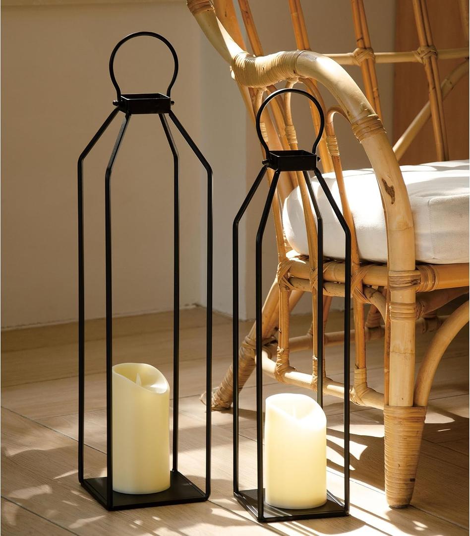 Modern Farmhouse Lantern Decor, 19.7'' 22'' Set of 2 Black Metal Lanterns, 2 LED 6hr Timer Flickering Flameless Candles, Lanterns Decorative for Porch, Patio, Fireplace Mantle, Christmas